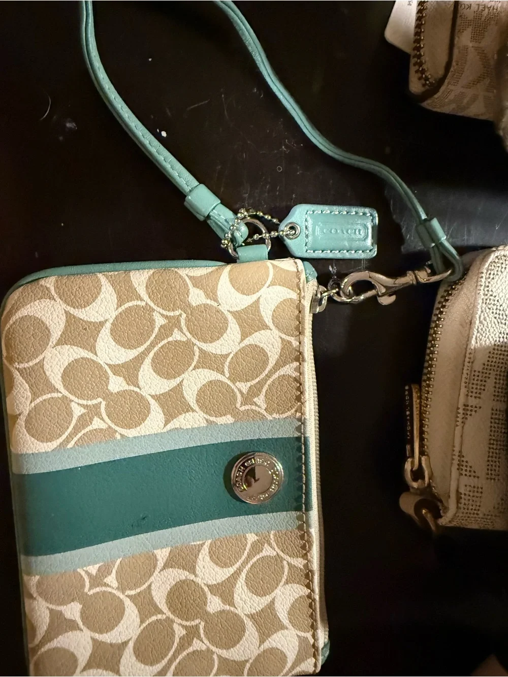Coach Beige Signature Wristlet with Teal Stripe